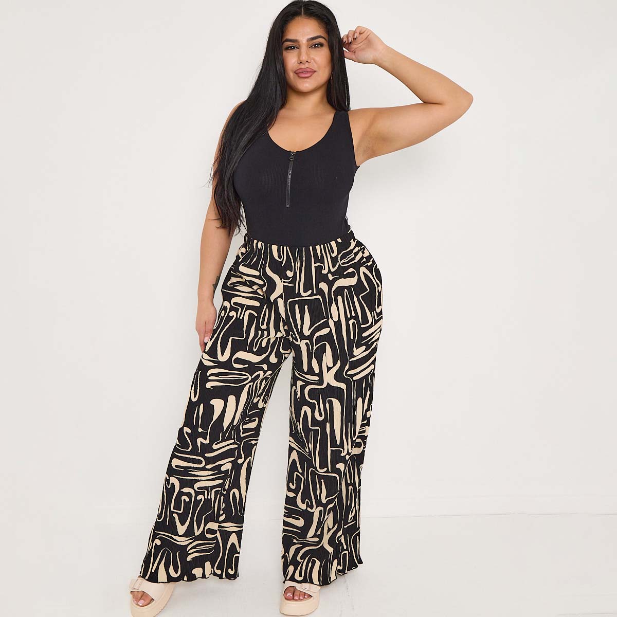 Black & Beige Statement Abstract Print Wide-Leg Drawstring Palazzo Pleated Pants