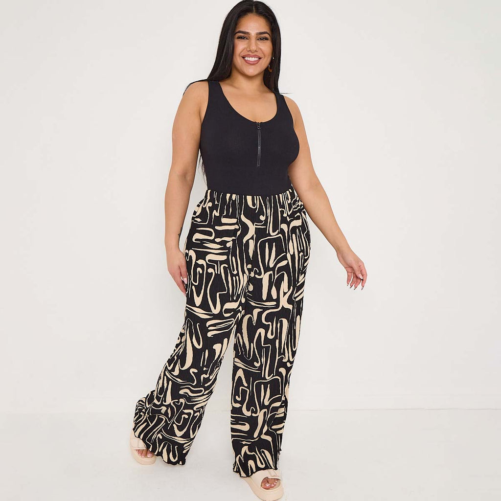 Black & Beige Statement Abstract Print Wide-Leg Drawstring Palazzo Pleated Pants
