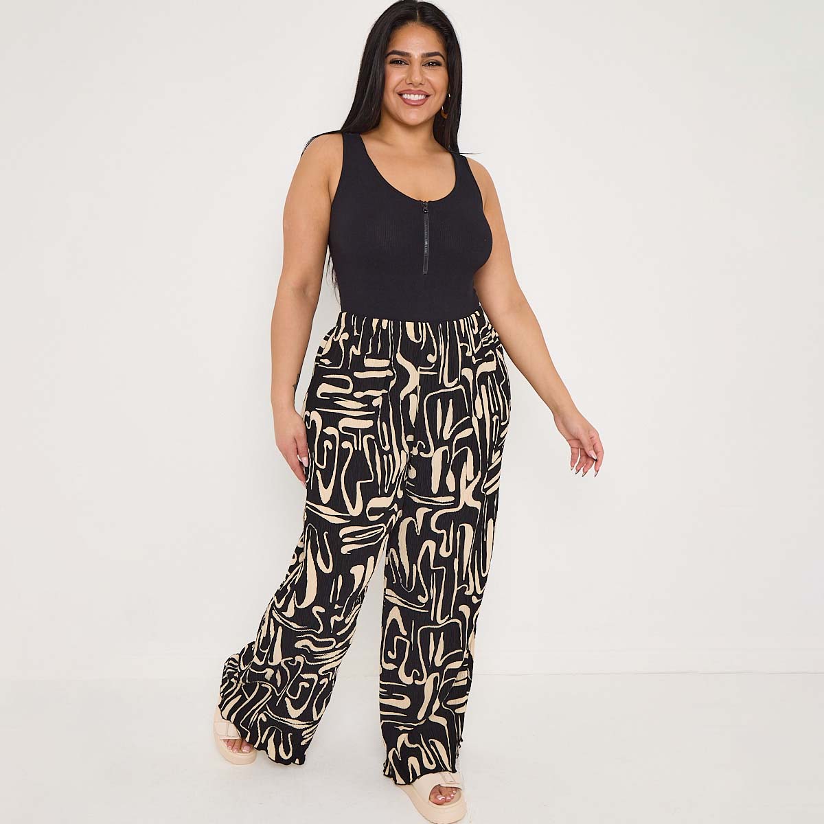 Black & Beige Statement Abstract Print Wide-Leg Drawstring Palazzo Pleated Pants