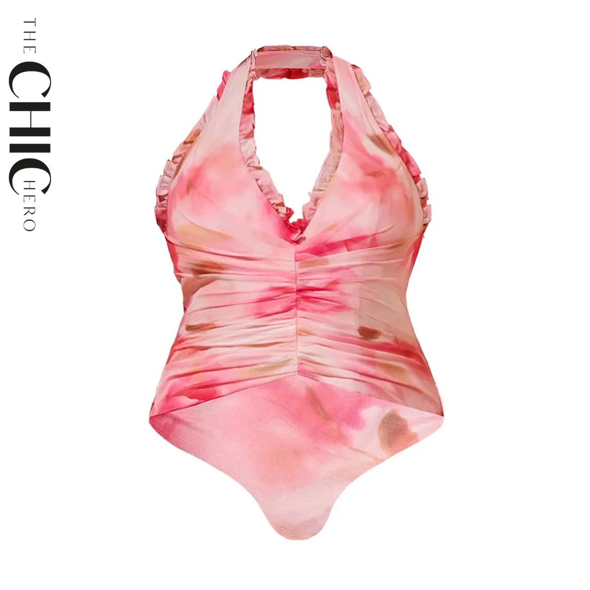 Romantic Pink Floral Halter Ruching One-Piece Swimsuit&Ruffled Skirt