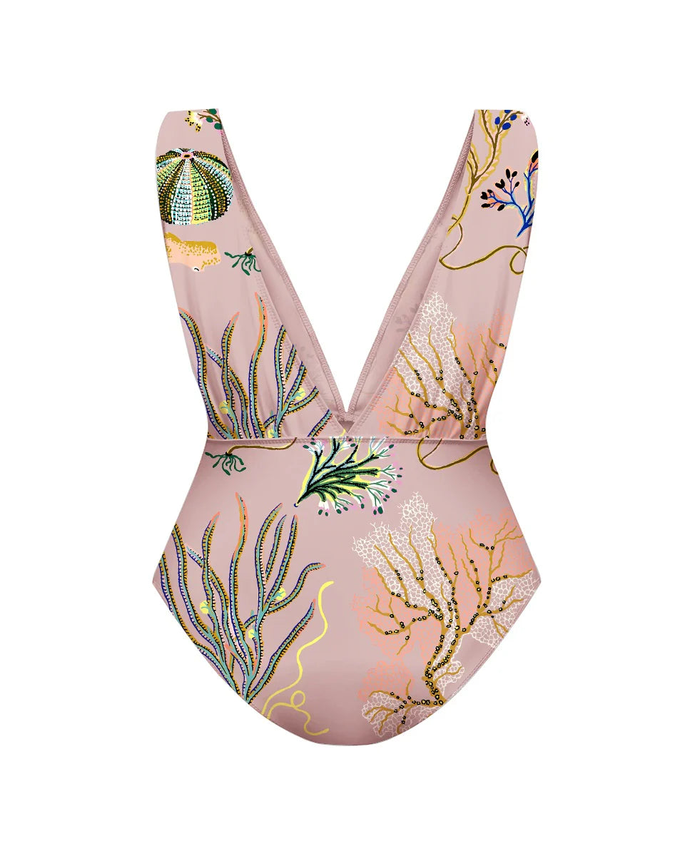 Sea-Inspired Tropical Reef Print One-Piece Swimsuit&Pants