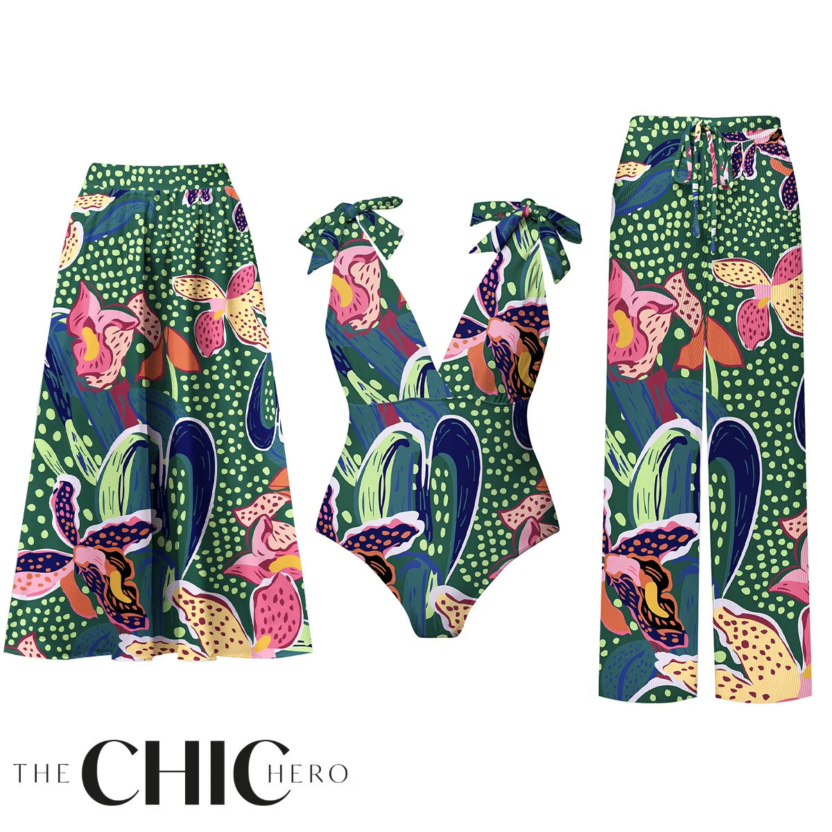 Green Parrot Tropical Exotic Flower Motifs One-Piece Swimsuit&Skirt&Pants