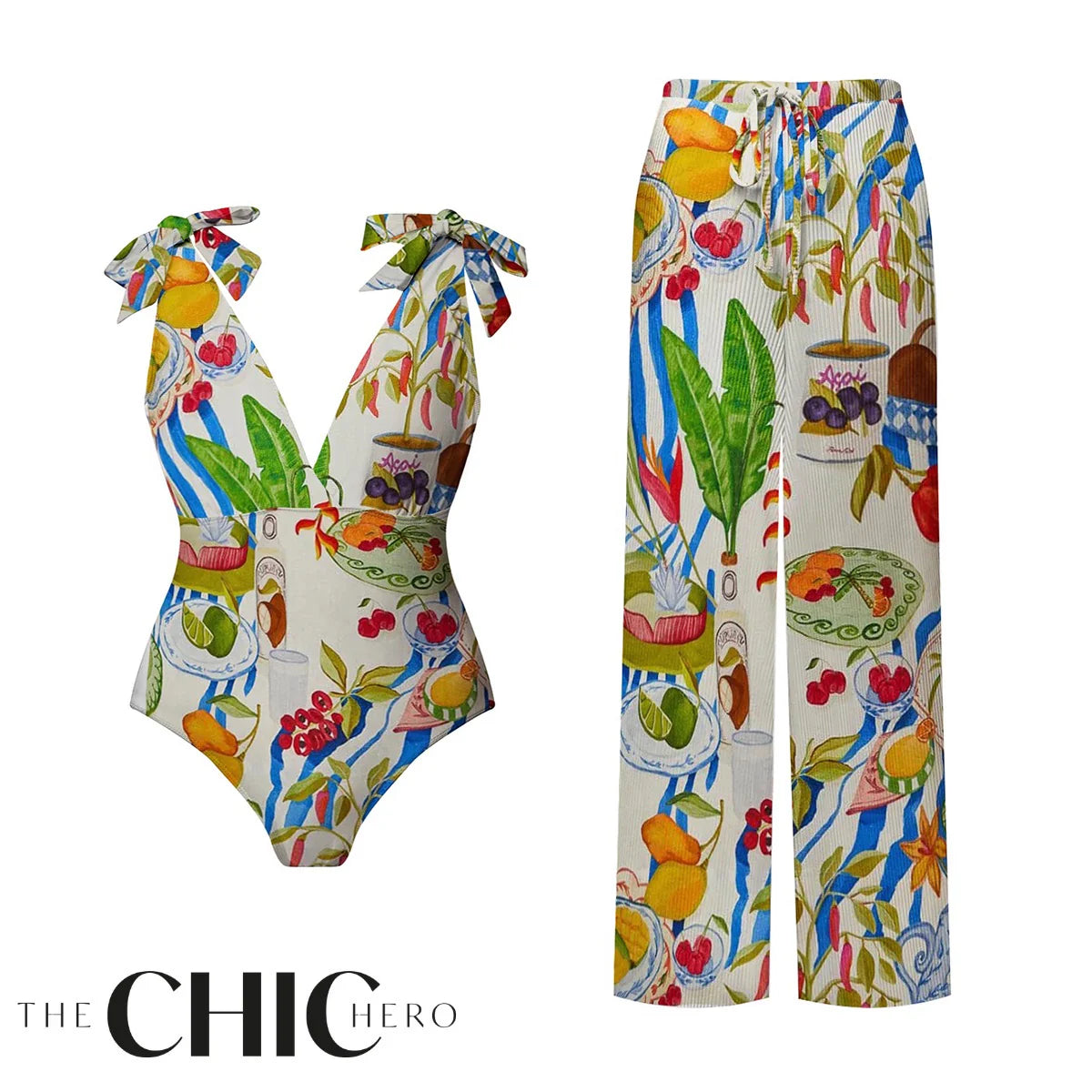 Fruit Food Patterned Colorful Tropical Feast Print One-Piece Swimsuit&Pants