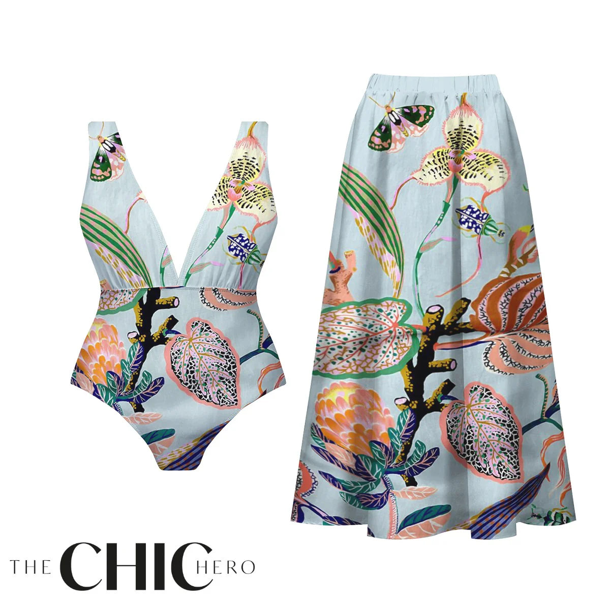 Tropical Bloom Print Butterfly One-Piece Swimsuit&Skirt