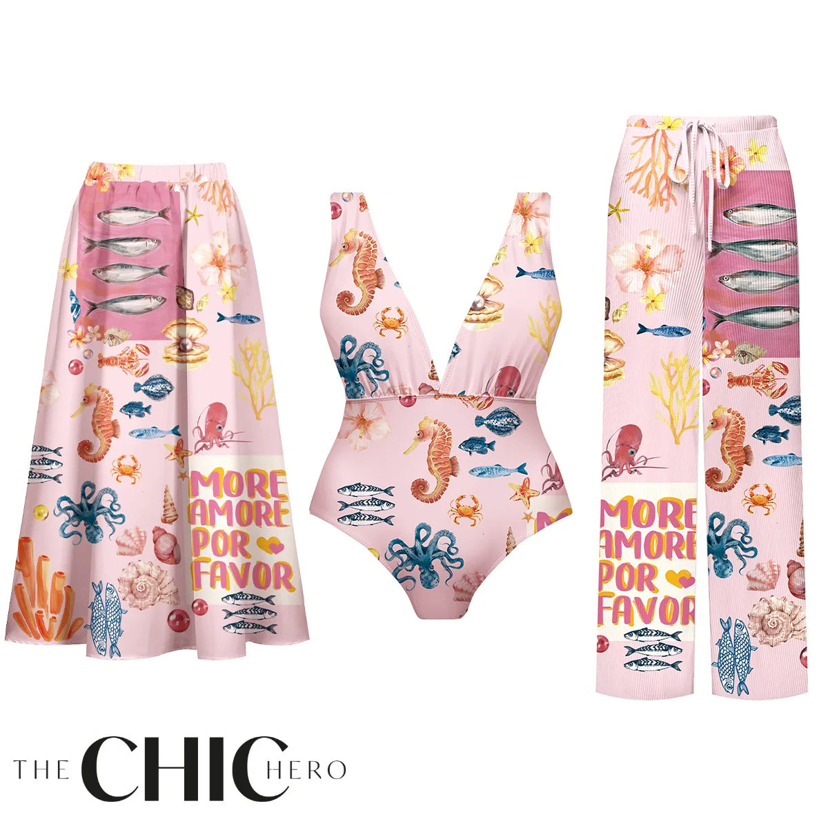 Ocean Love Pink Sea Life One-Piece Swimsuit&Skirt&Pants