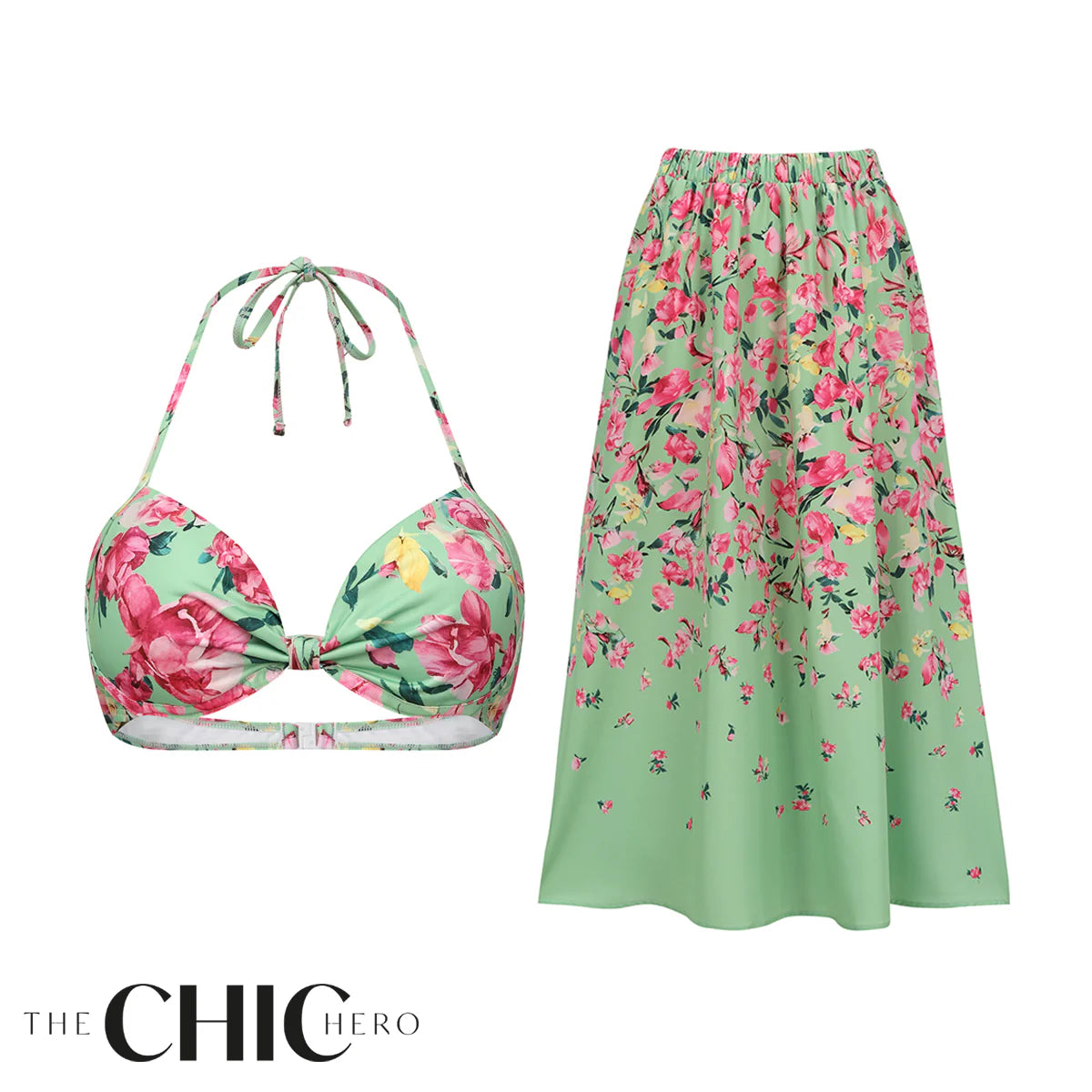 Mint Green & Pink Florals One-Piece Bikini&Skirt