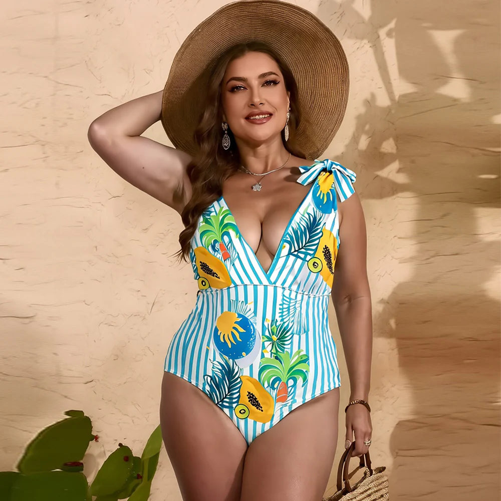 Striped Tropical Papaya Print Boho Island Style One-Piece Swimsuit&Skirts