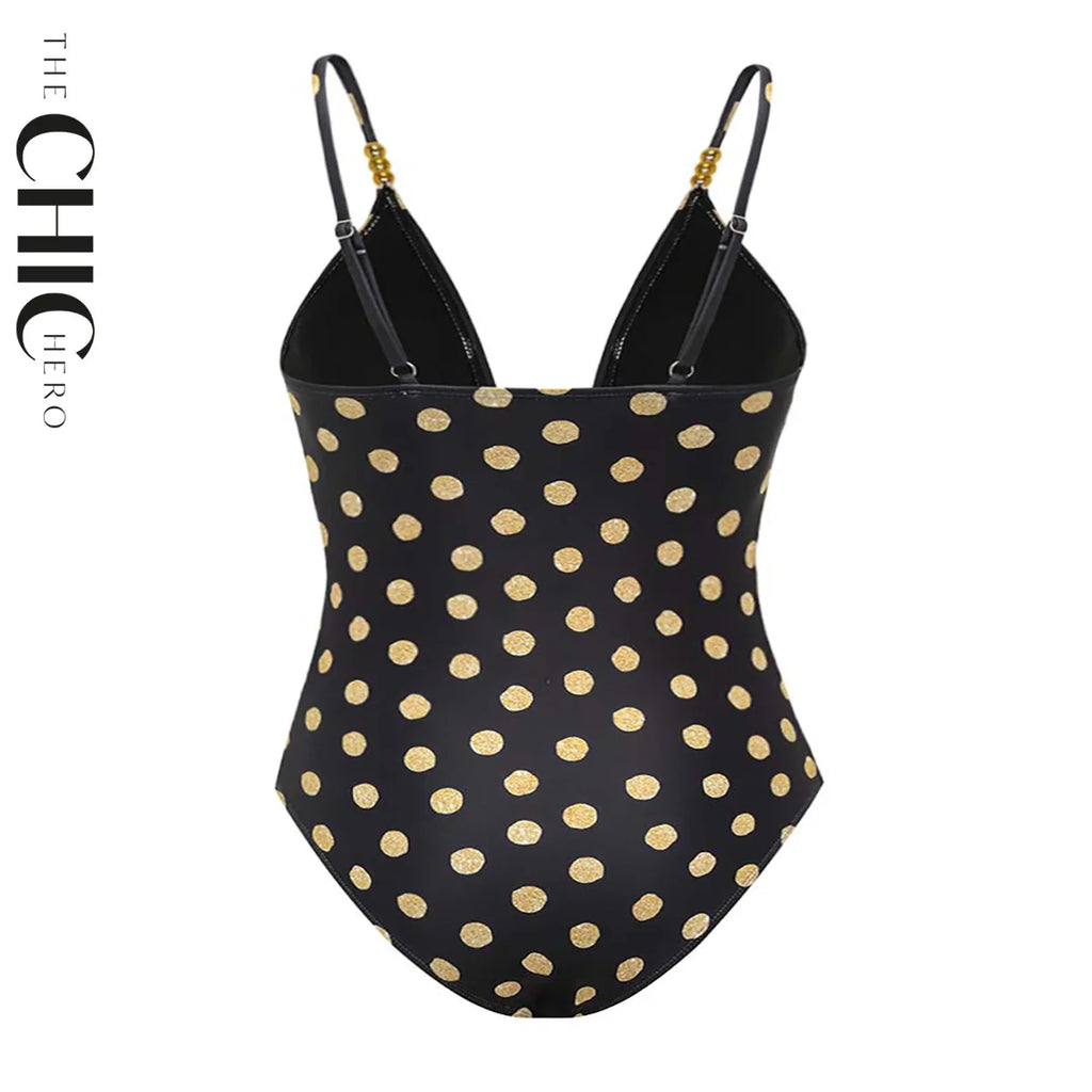 Chic Gold Polka Dots One-Piece Swimsuit&Skirt