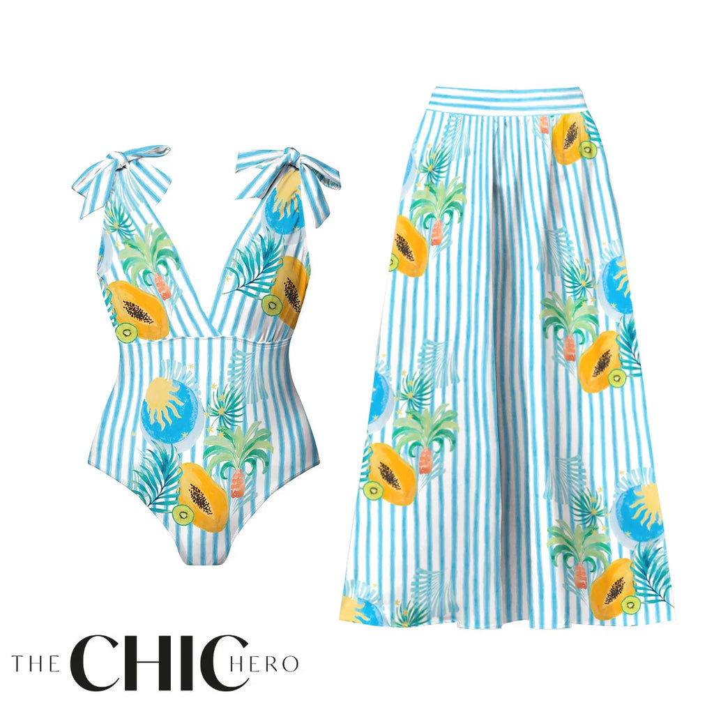 Striped Tropical Papaya Print Boho Island Style One-Piece Swimsuit&Skirts