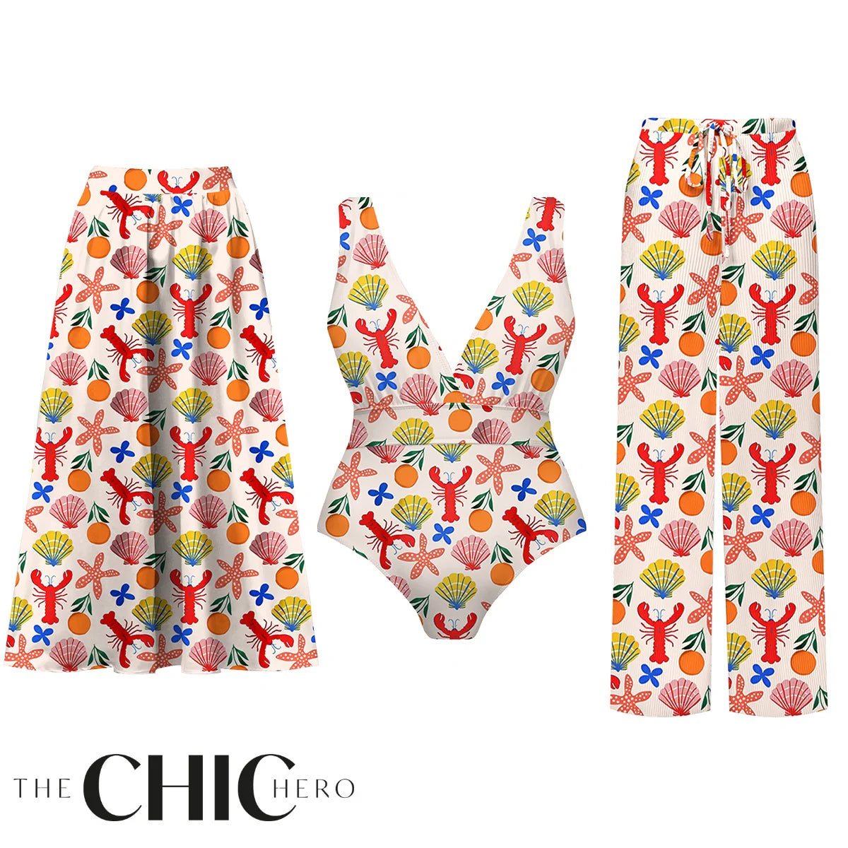 Tropical Seafood Lobster & Shell Pattern One-Piece Swimsuit&Skirt&Pants