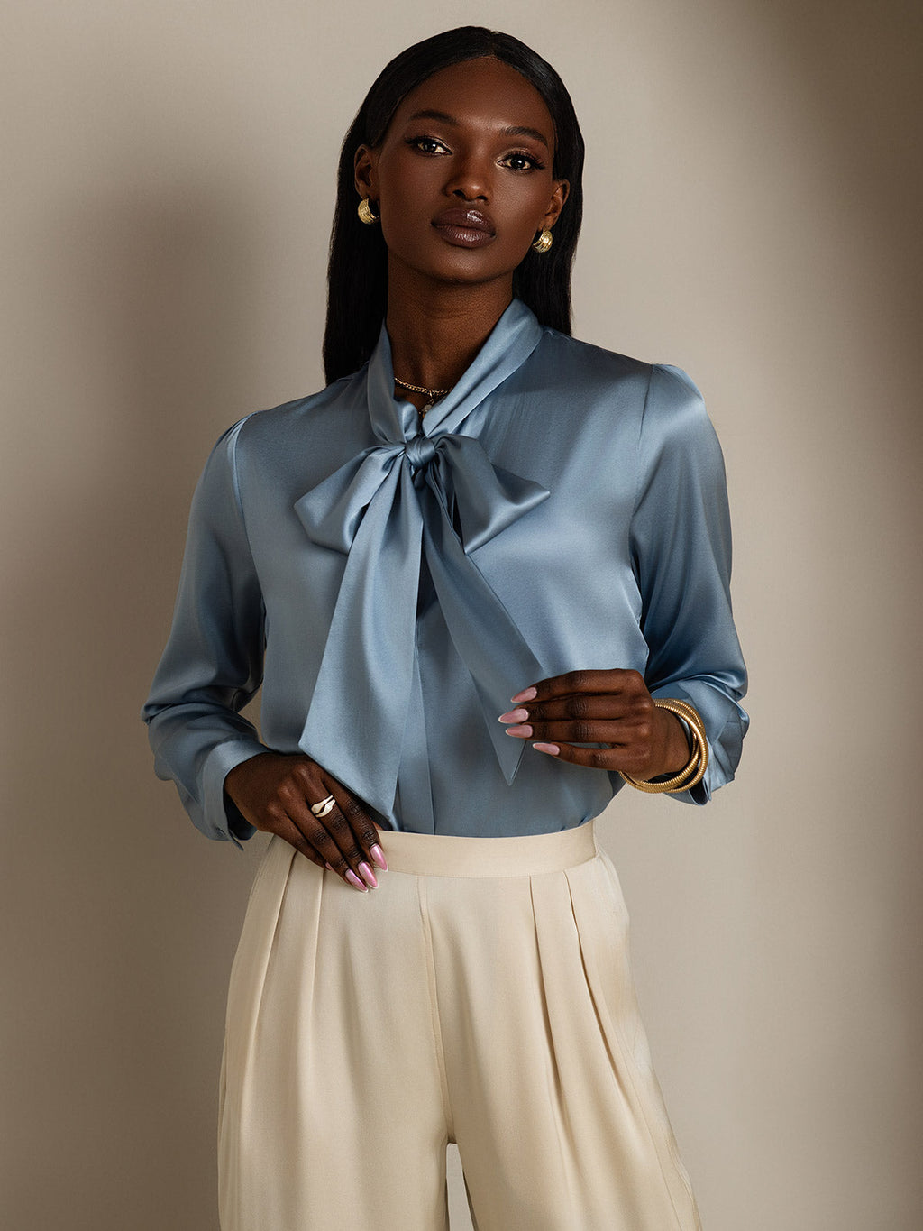 19Momme Silk Long Sleeve Tie Neck Blouse