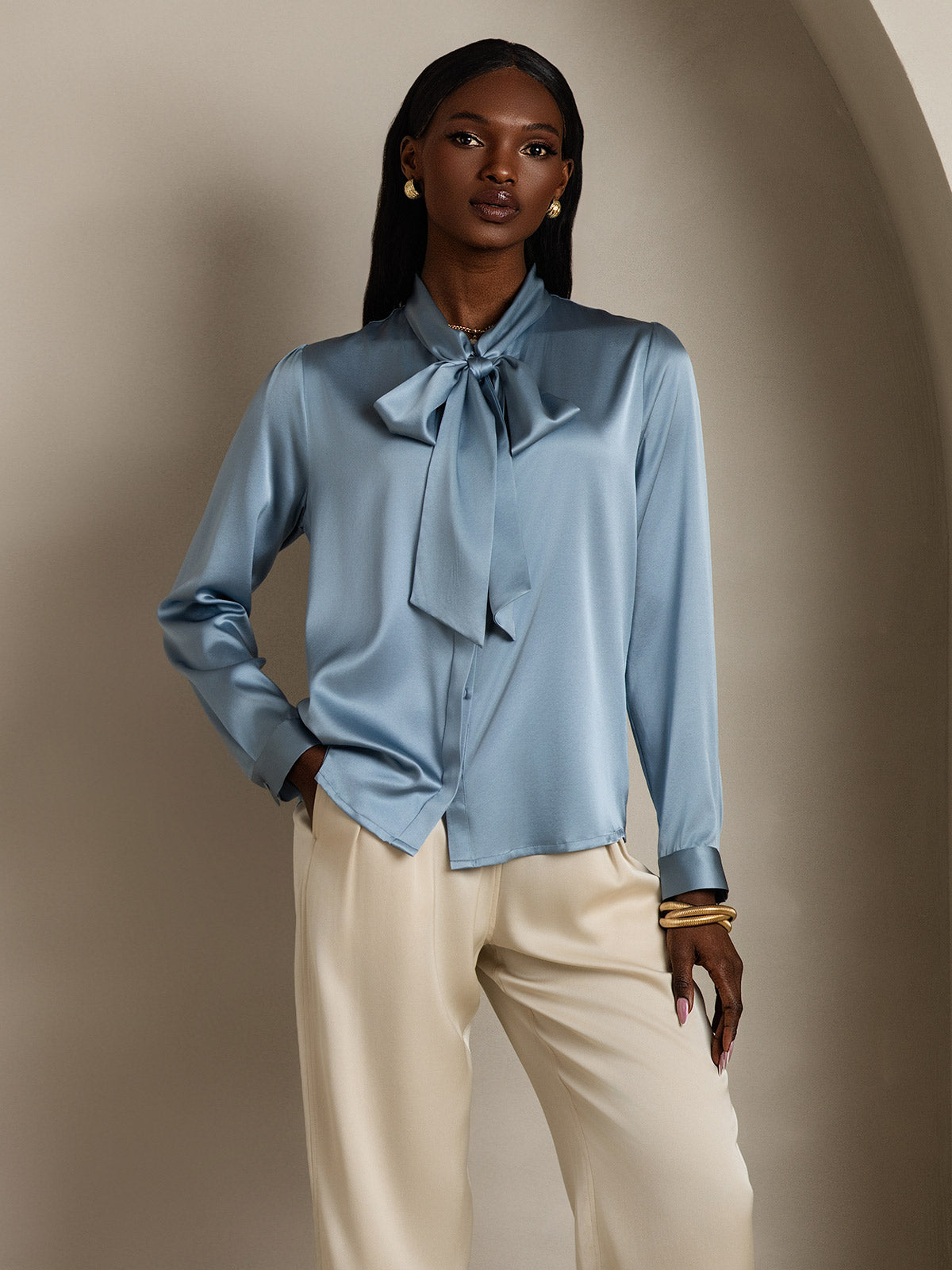 19Momme Silk Long Sleeve Tie Neck Blouse