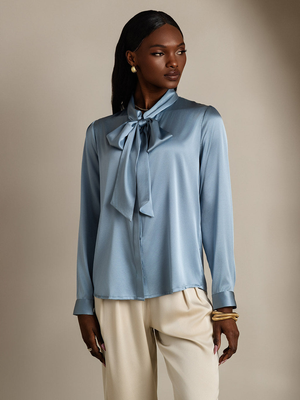 19Momme Silk Long Sleeve Tie Neck Blouse