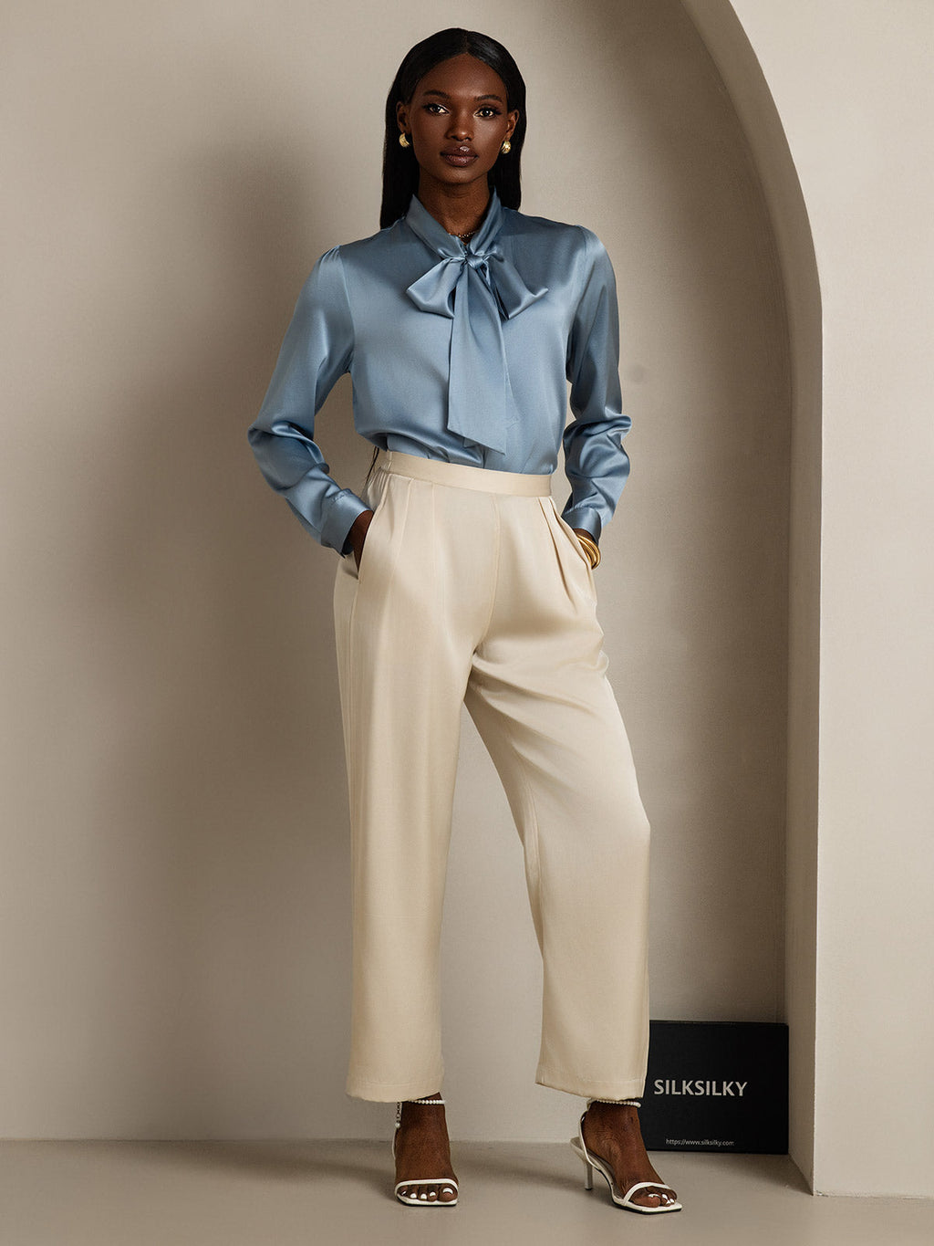 19Momme Silk Long Sleeve Tie Neck Blouse