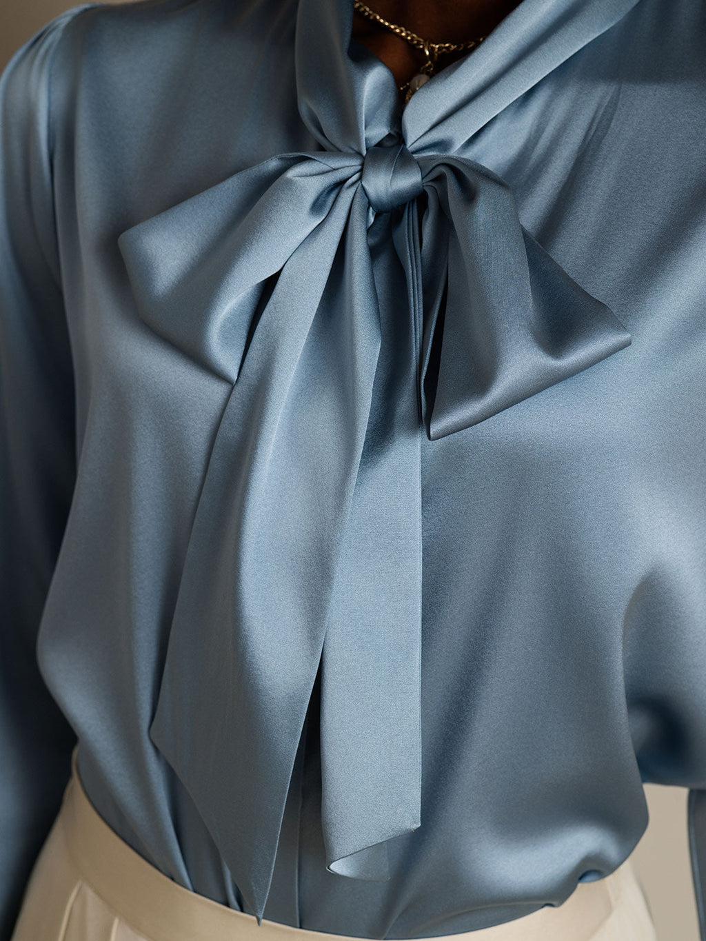 19Momme Silk Long Sleeve Tie Neck Blouse
