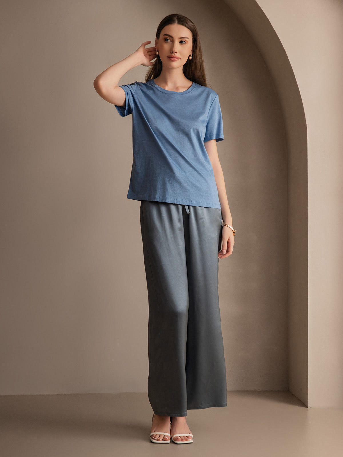 Pure Silk Wide Leg Women's Pants with Elastic Waist Design