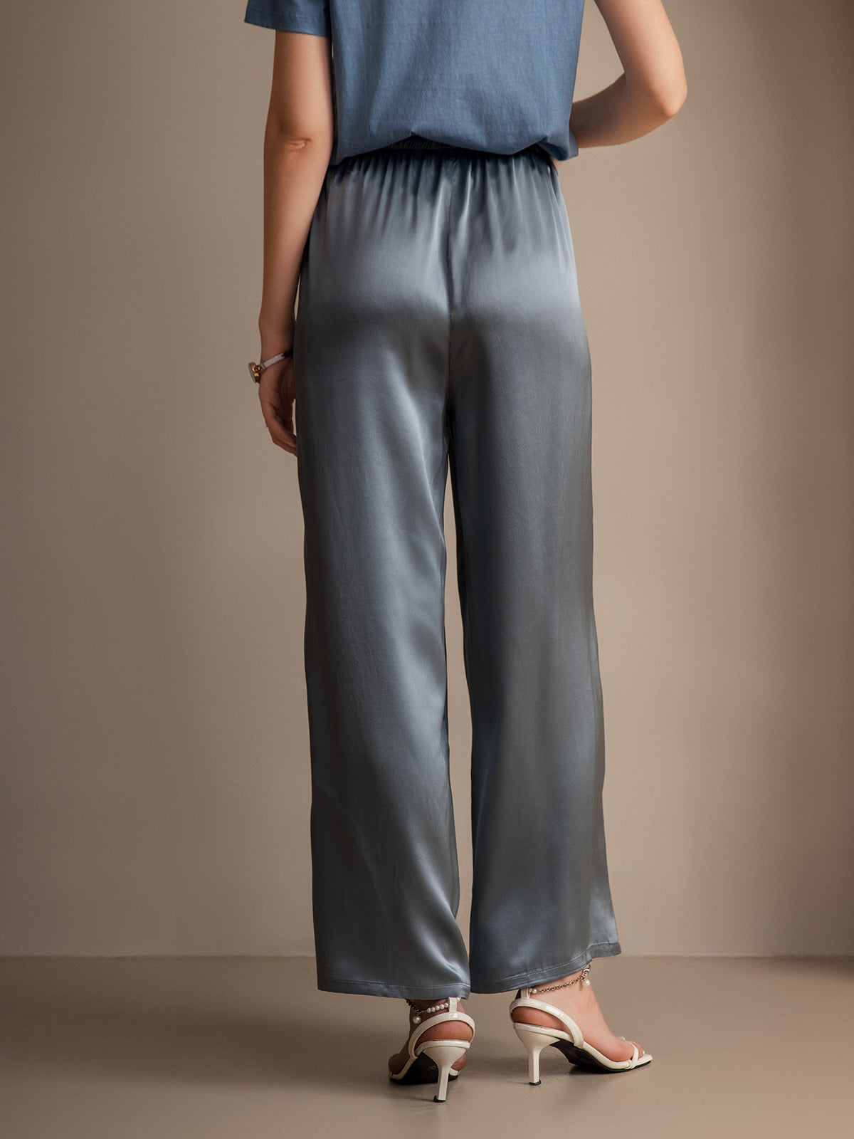 Pure Silk Wide Leg Women's Pants with Elastic Waist Design