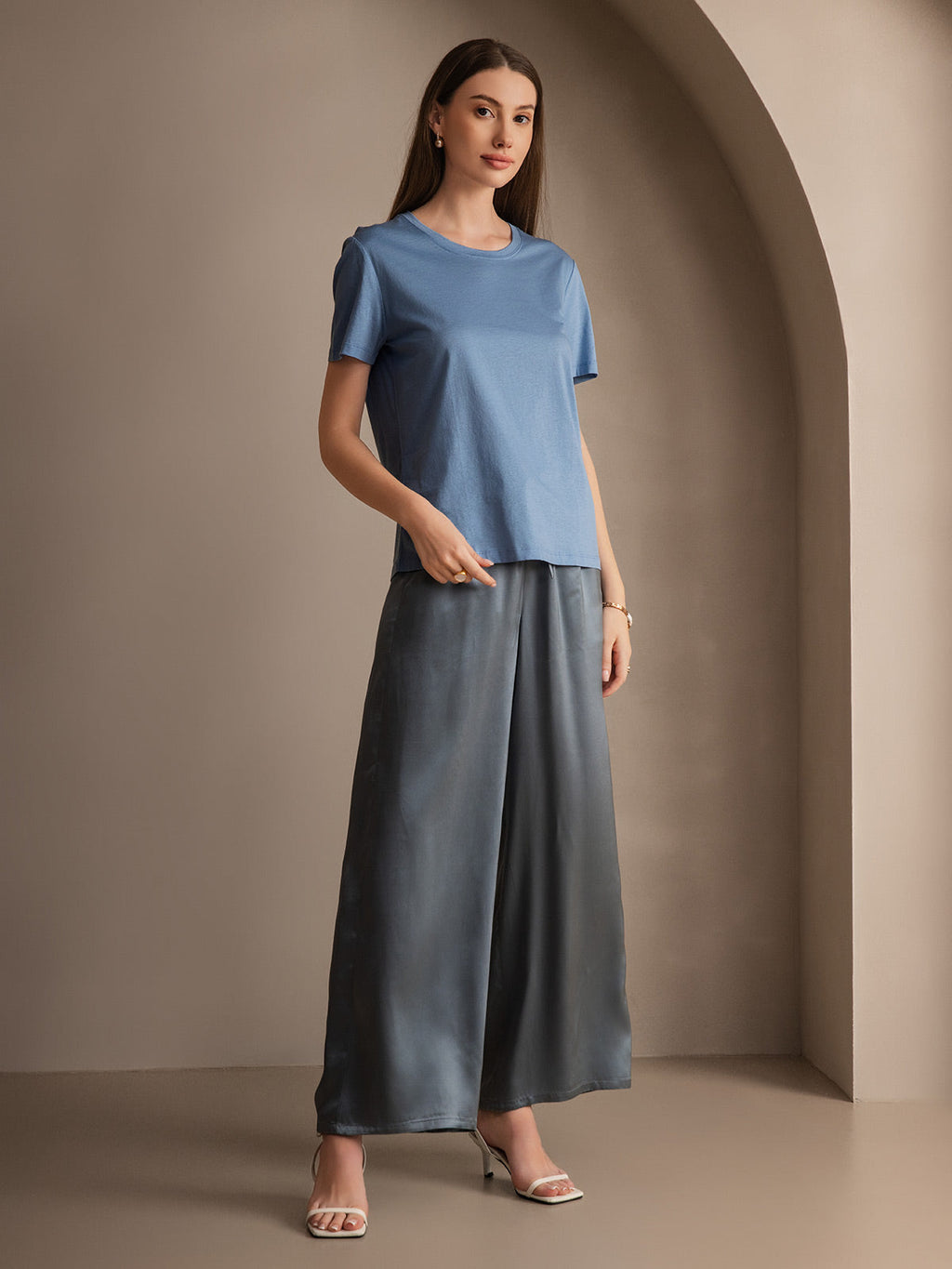 Pure Silk Wide Leg Women's Pants with Elastic Waist Design