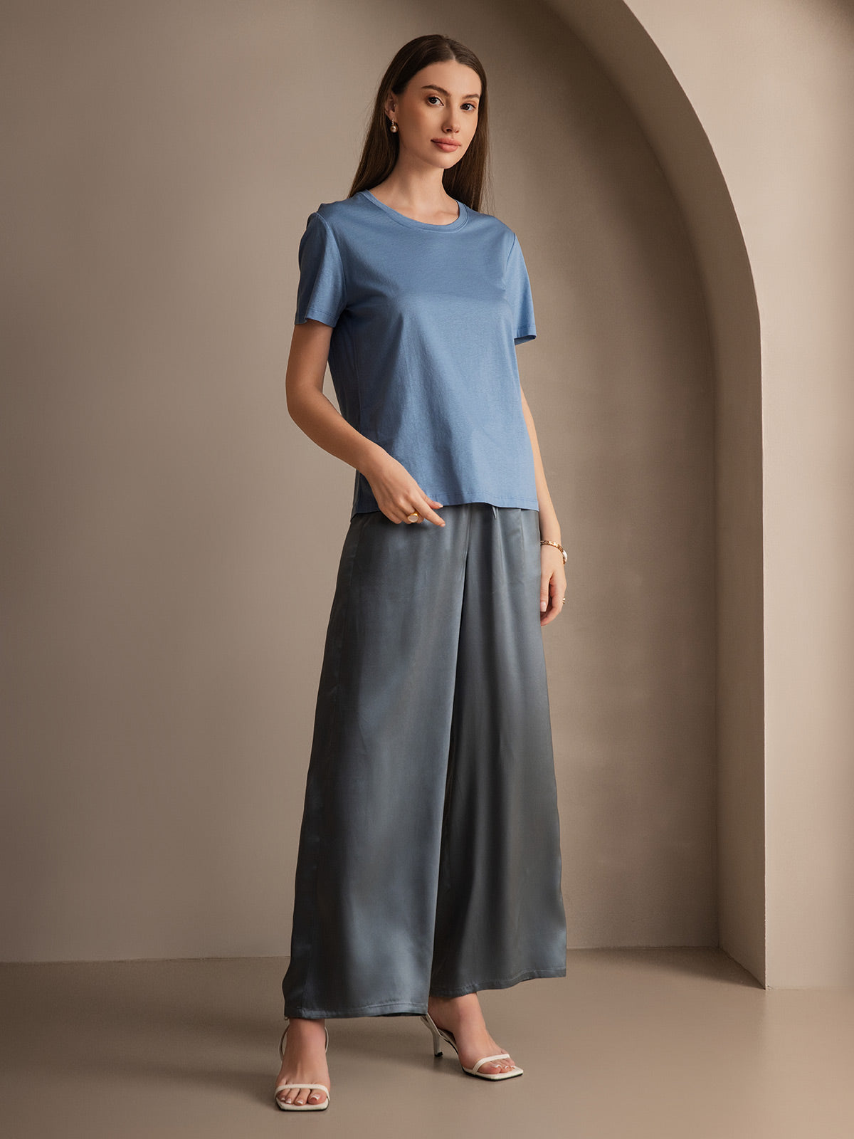 Pure Silk Wide Leg Women's Pants with Elastic Waist Design