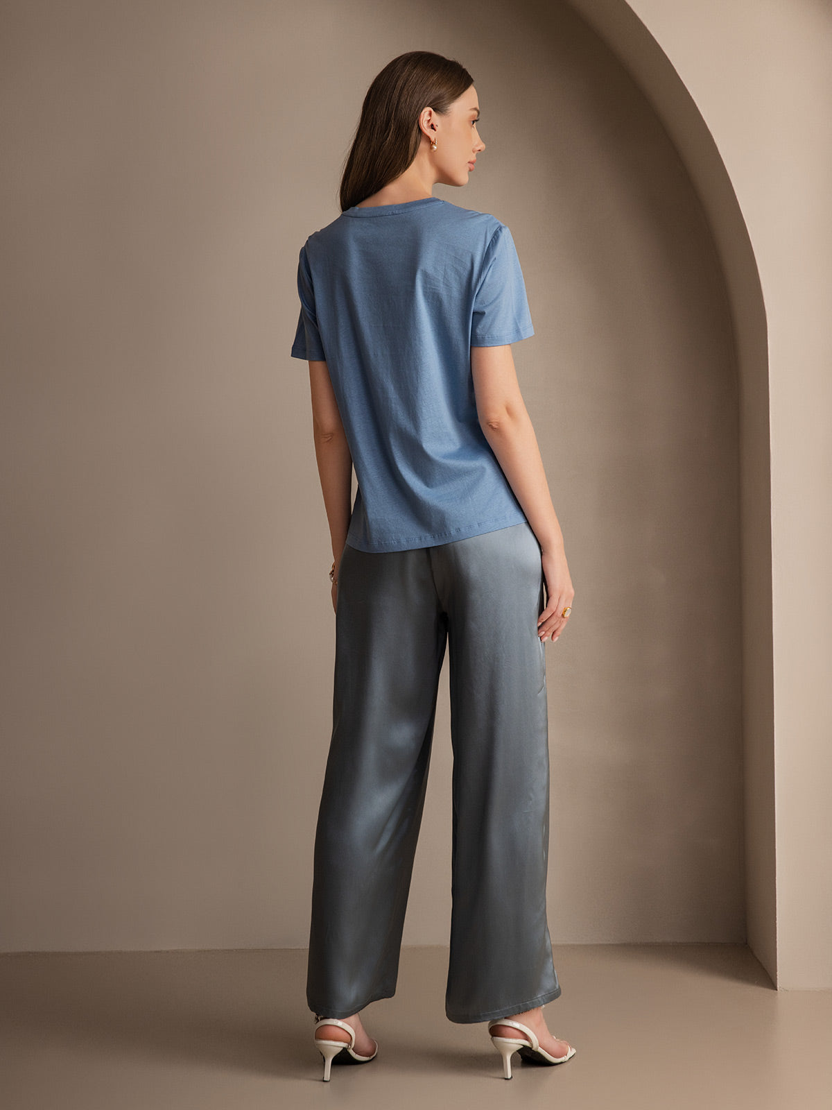 Pure Silk Wide Leg Women's Pants with Elastic Waist Design