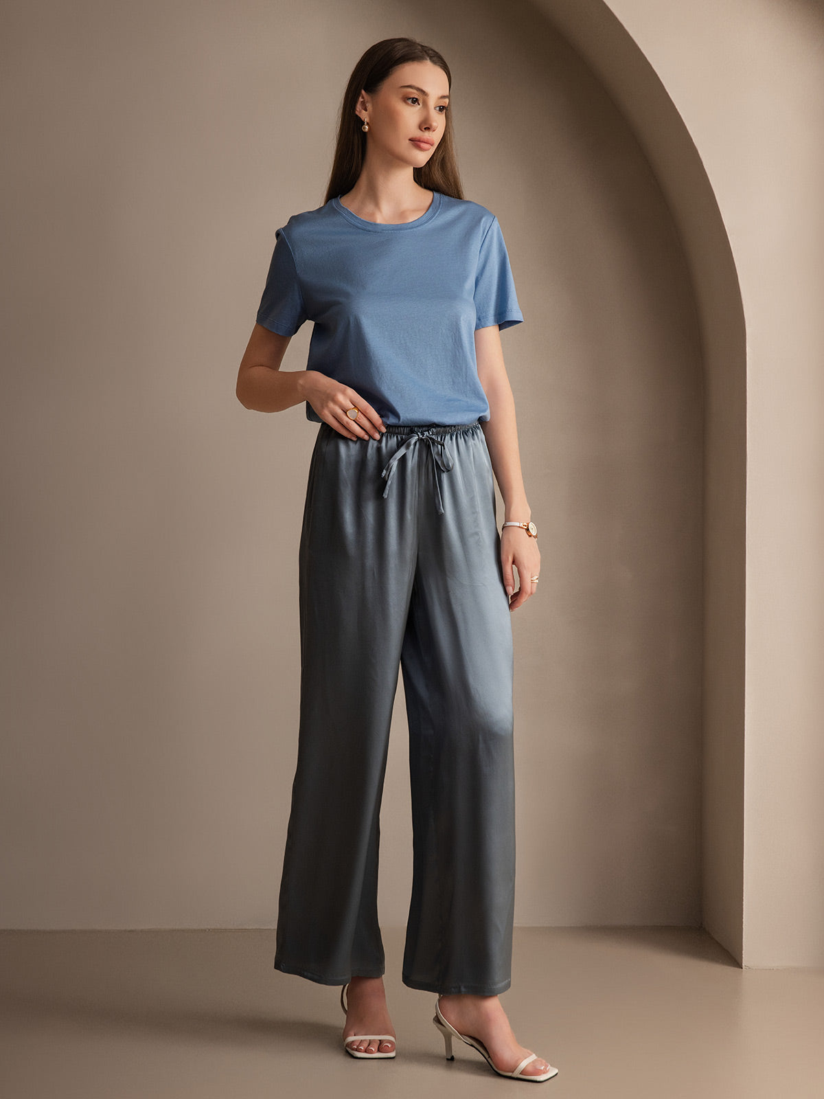 Pure Silk Wide Leg Women's Pants with Elastic Waist Design