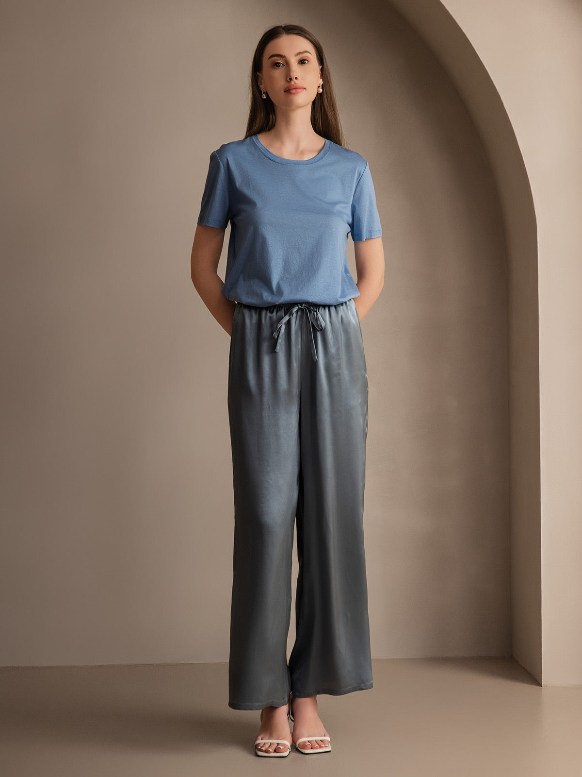 Pure Silk Wide Leg Women's Pants with Elastic Waist Design