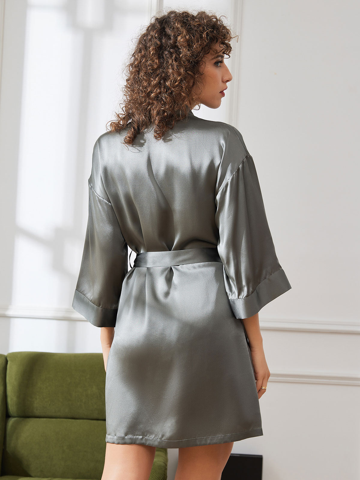 Glossy Pure Silk Short Kimono Robe For Women