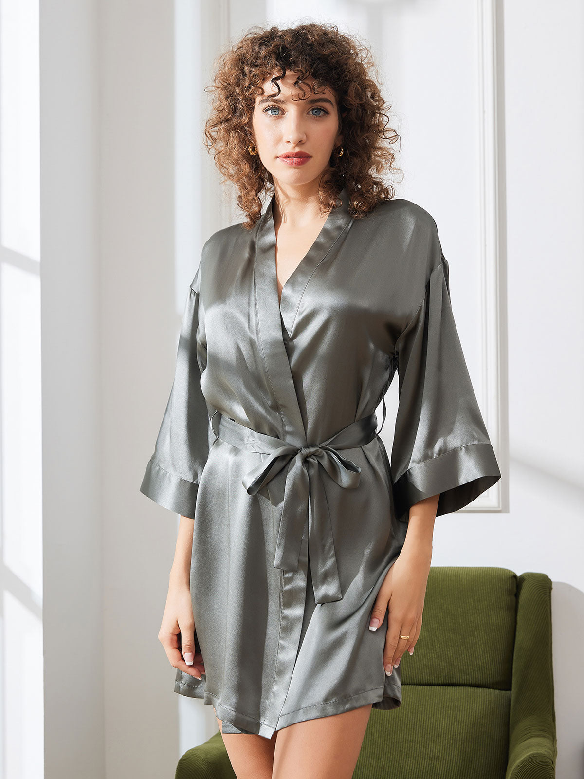 Glossy Pure Silk Short Kimono Robe For Women