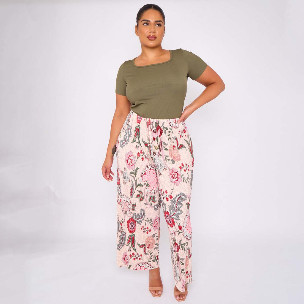 Pink Flower Abstract Print Wide-Leg Drawstring Palazzo Pleated Pants