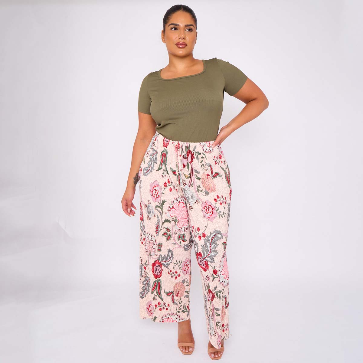 Pink Flower Abstract Print Wide-Leg Drawstring Palazzo Pleated Pants