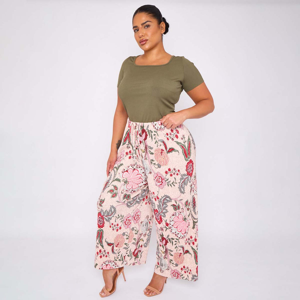 Pink Flower Abstract Print Wide-Leg Drawstring Palazzo Pleated Pants