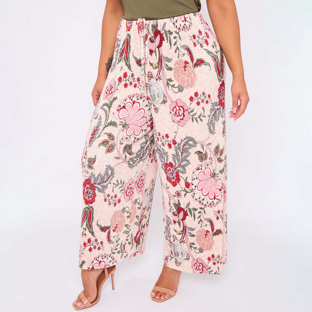 Pink Flower Abstract Print Wide-Leg Drawstring Palazzo Pleated Pants