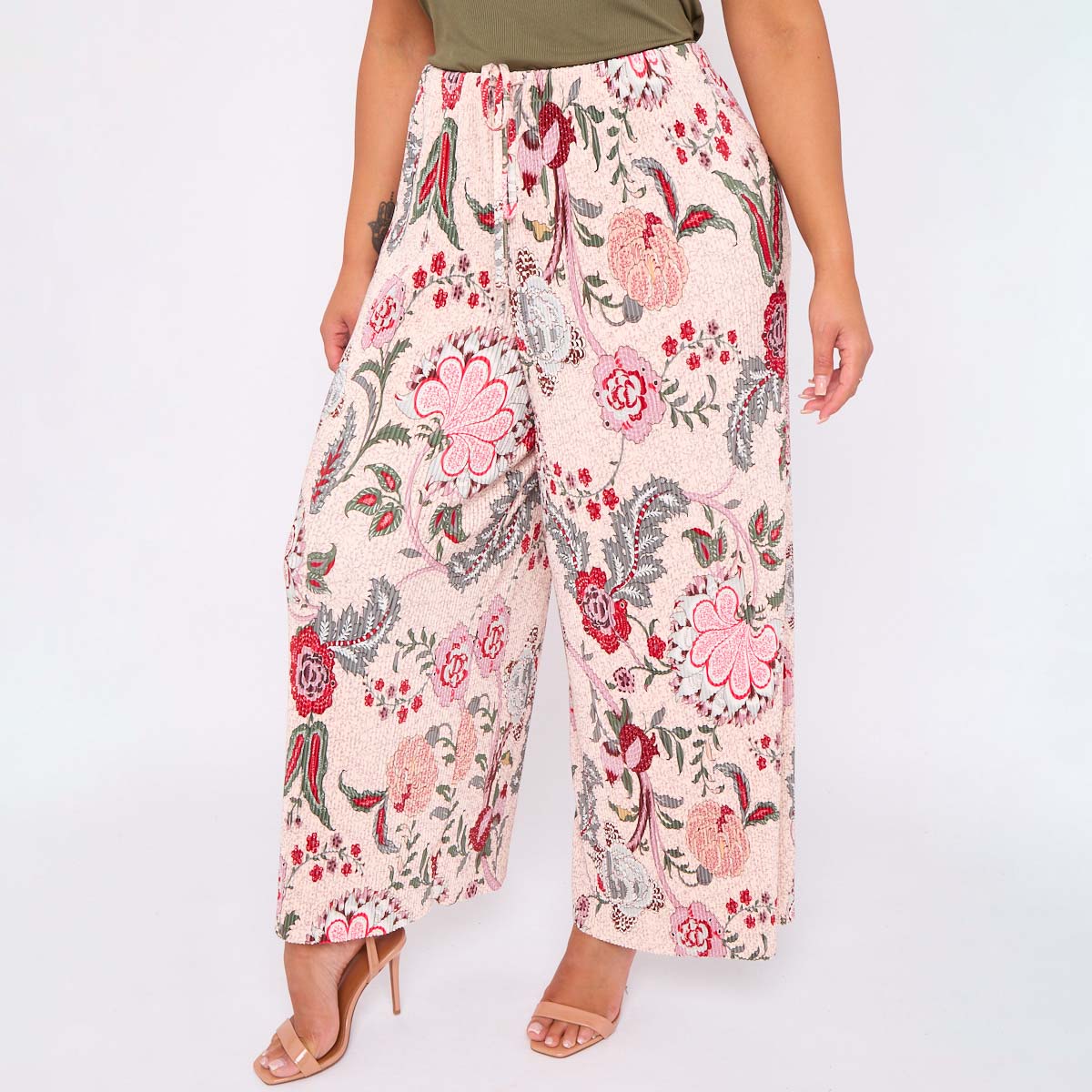 Pink Flower Abstract Print Wide-Leg Drawstring Palazzo Pleated Pants