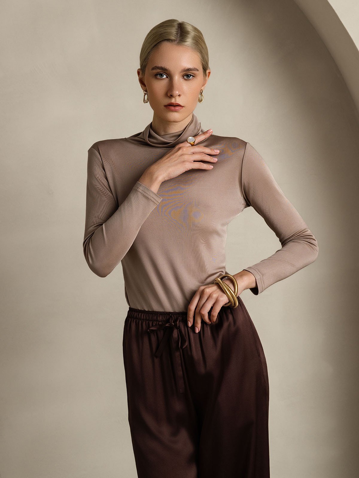 Silk Blend High Neck Long-Sleeved T-Shirt