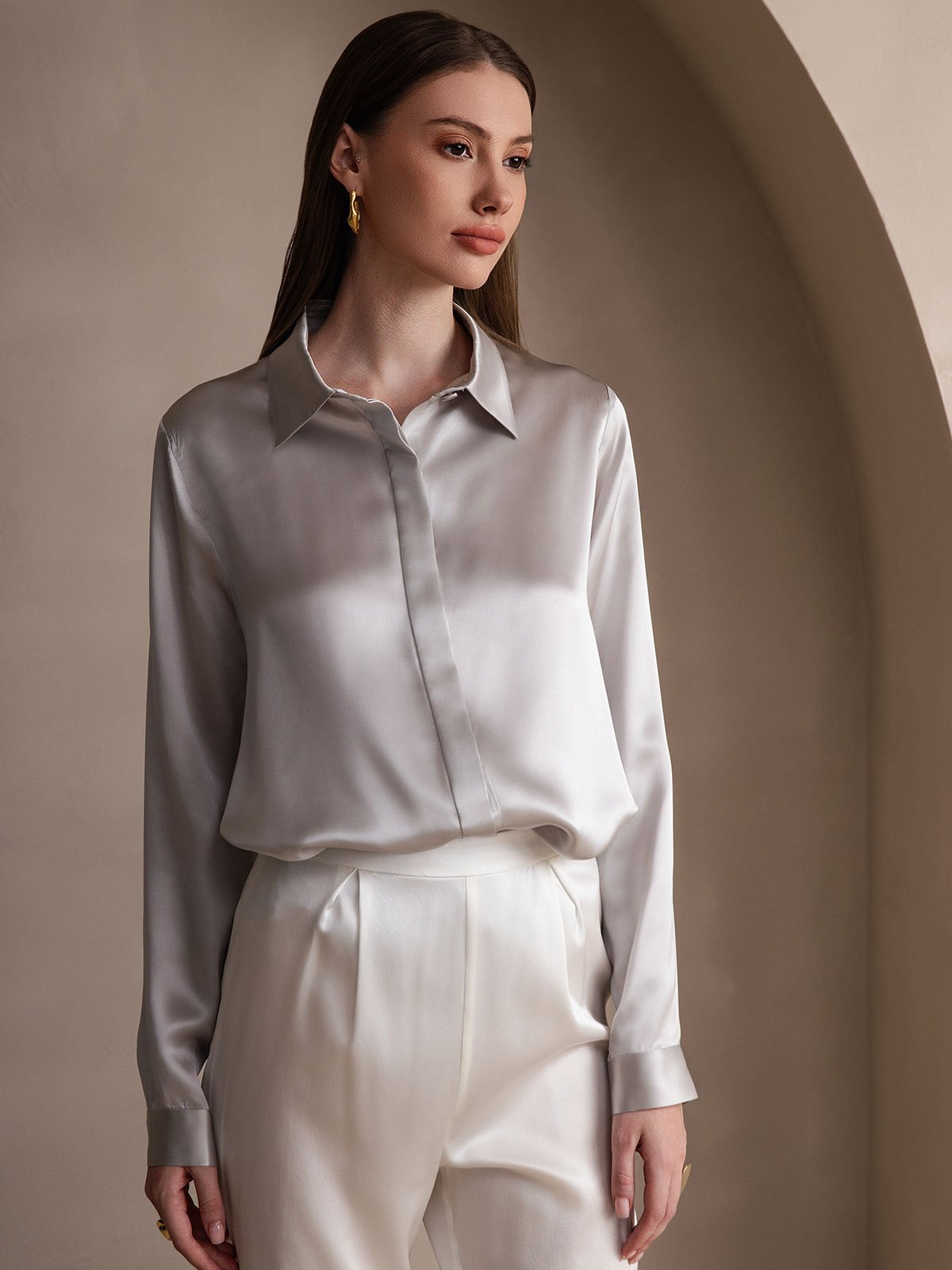 19Momme Silk Long Sleeve Lapel Collar Women's Shirt