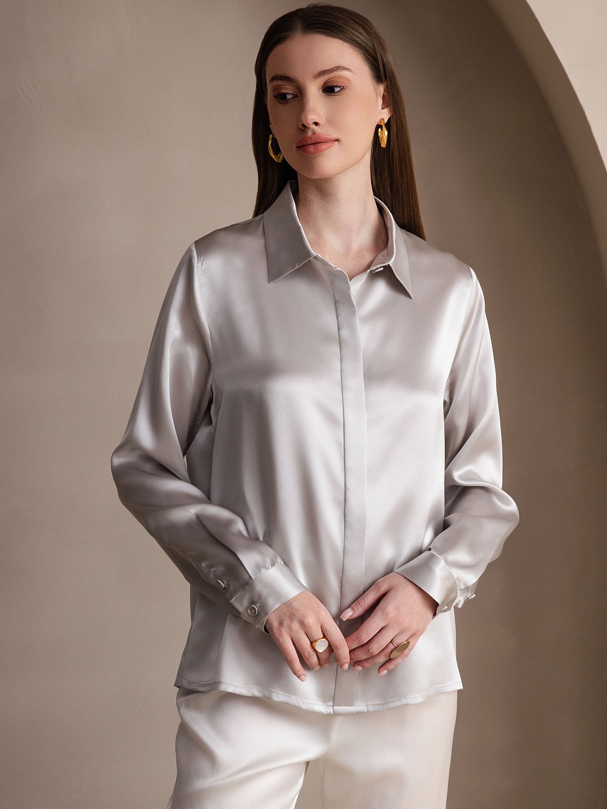 19Momme Silk Long Sleeve Lapel Collar Women's Shirt