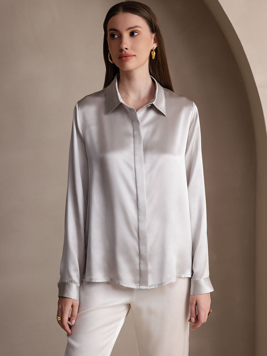 19Momme Silk Long Sleeve Lapel Collar Women's Shirt