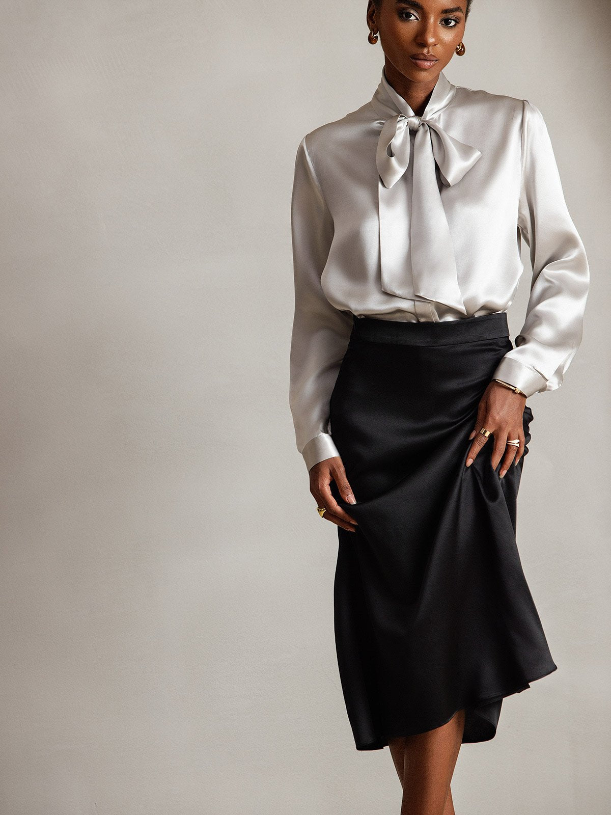 19Momme Silk Long Sleeve Tie Neck Blouse