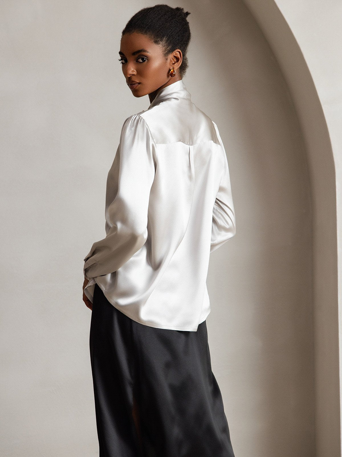 19Momme Silk Long Sleeve Tie Neck Blouse