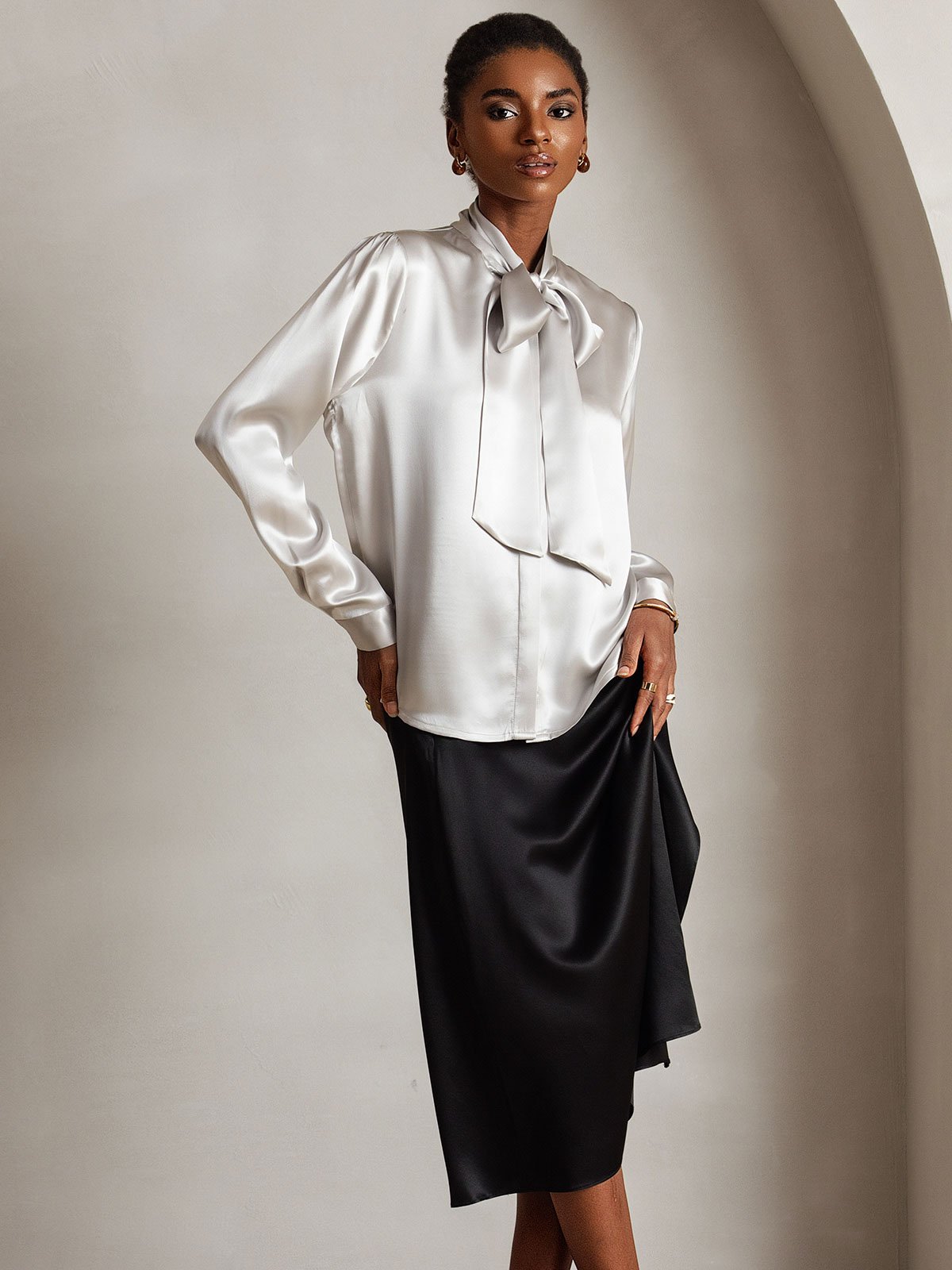 19Momme Silk Long Sleeve Tie Neck Blouse