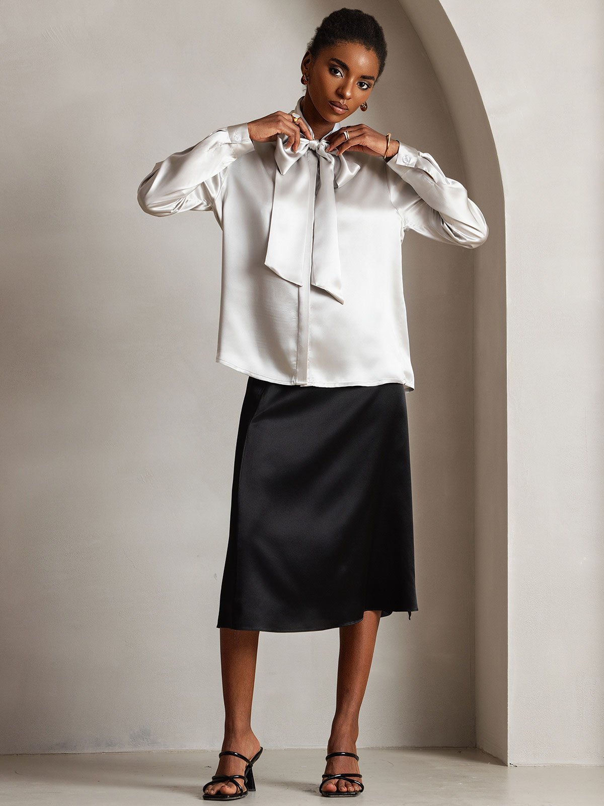 19Momme Silk Long Sleeve Tie Neck Blouse