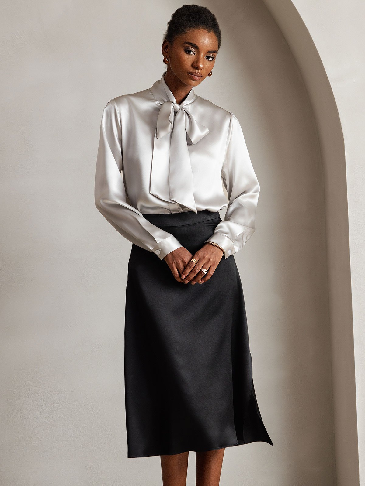 19Momme Silk Long Sleeve Tie Neck Blouse