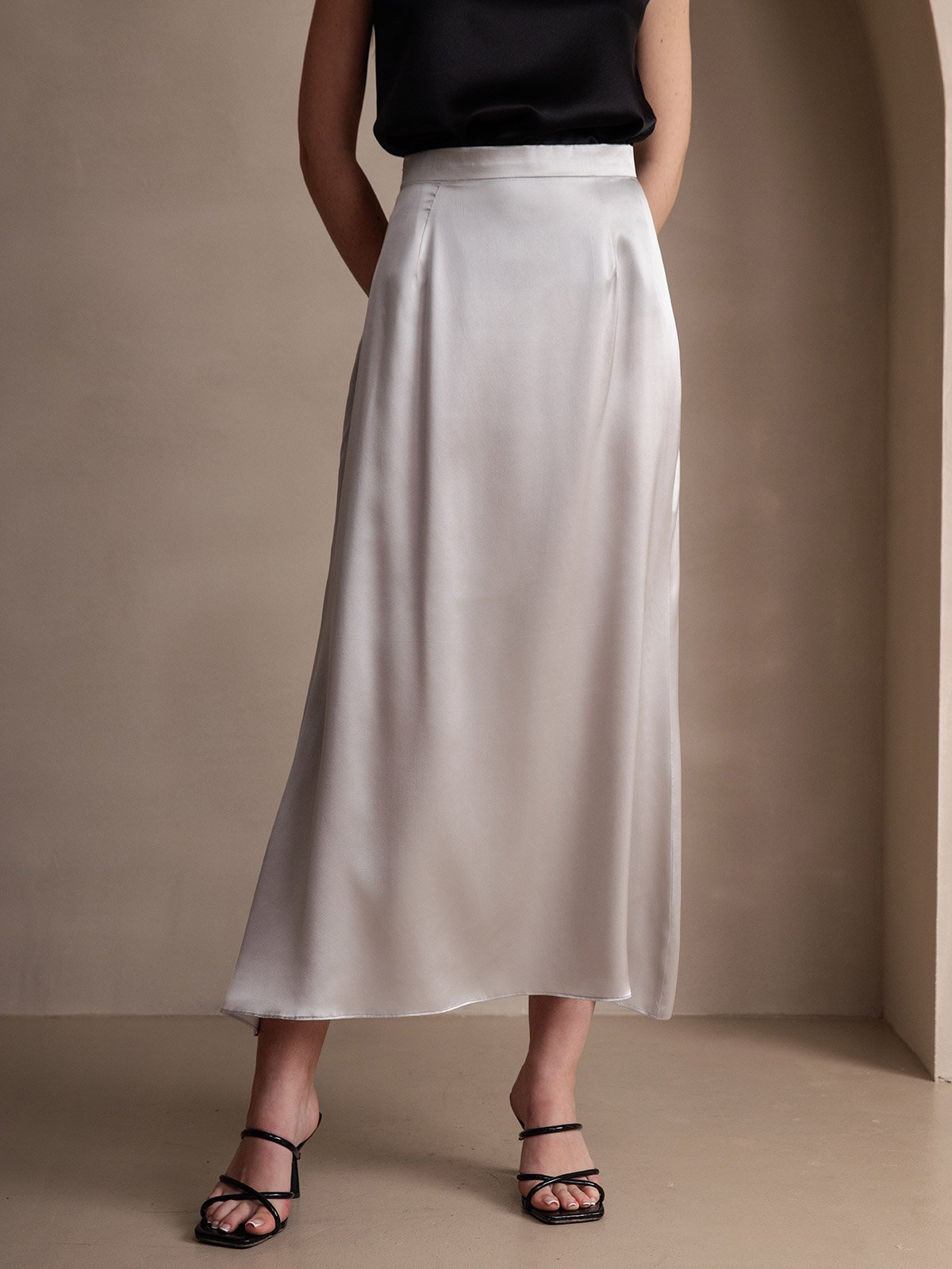19Momme Silk A Line Maxi Skirt with Zipper Design