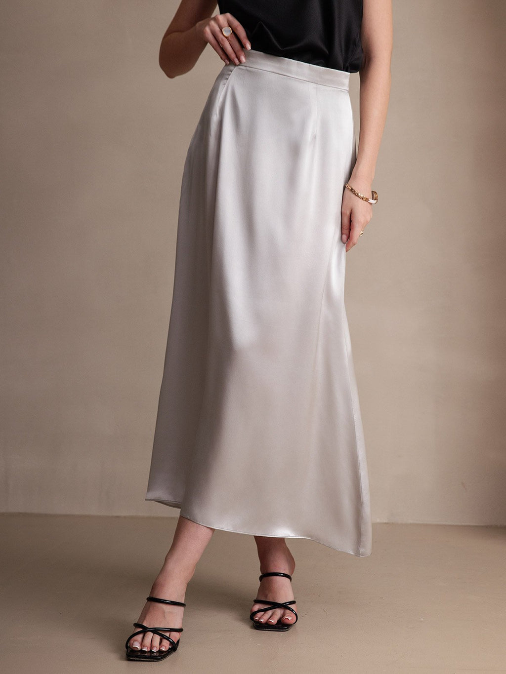 19Momme Silk A Line Maxi Skirt with Zipper Design
