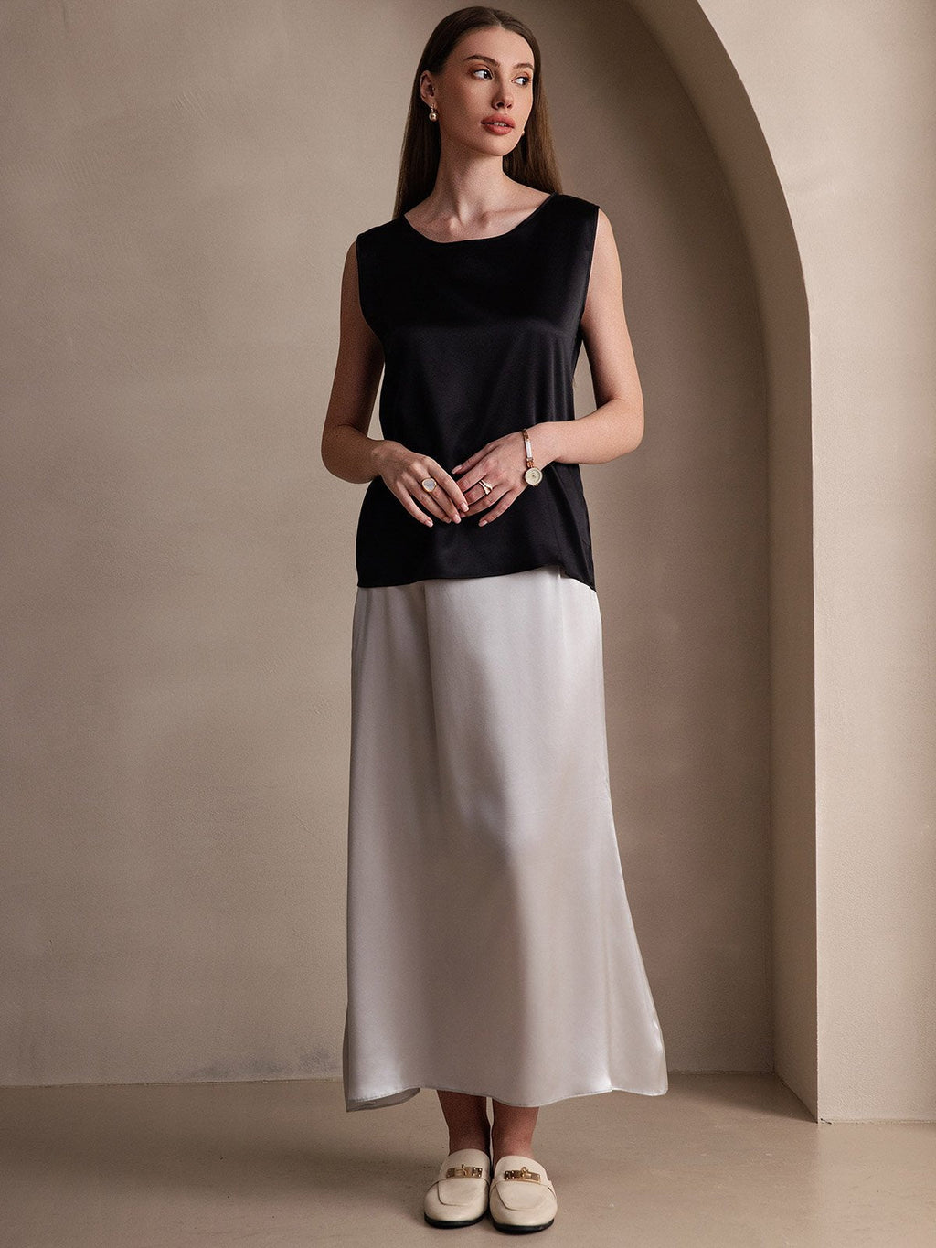 19Momme Silk A Line Maxi Skirt with Zipper Design