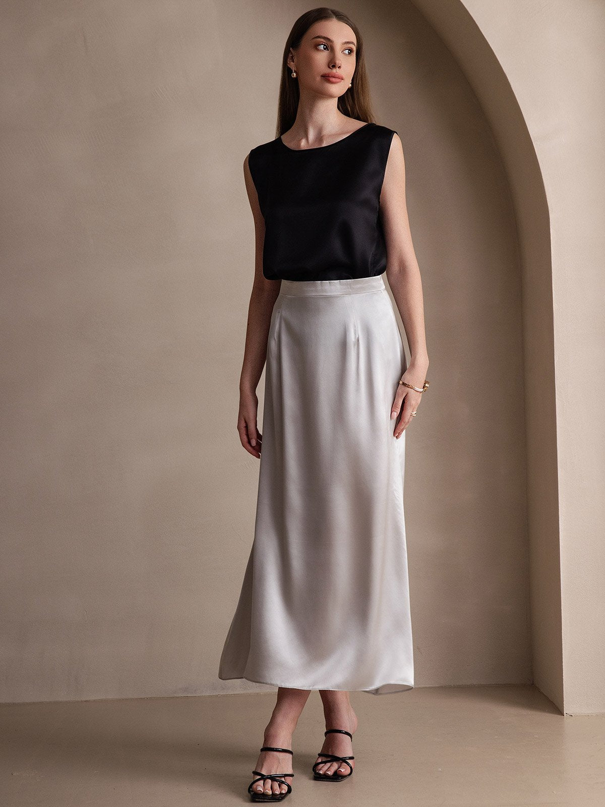19Momme Silk A Line Maxi Skirt with Zipper Design