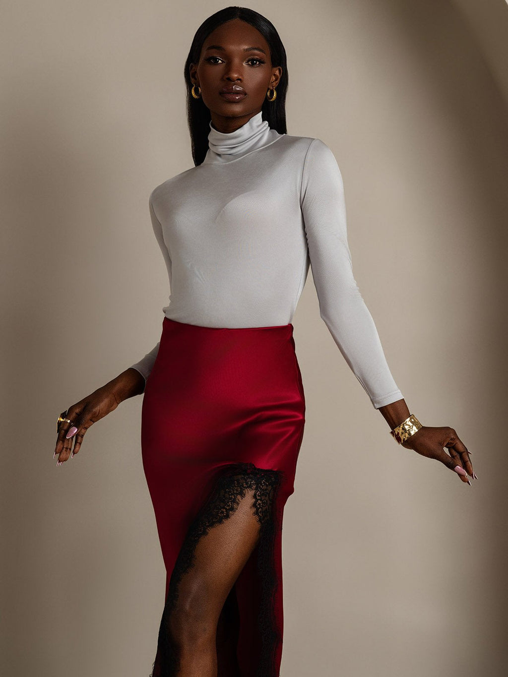 Silk Blend High Neck Long-Sleeved T-Shirt