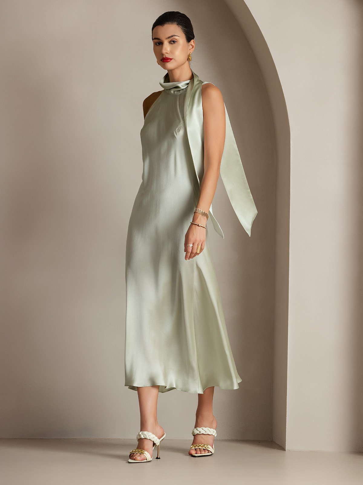 19Momme Silk Tie Neck Maxi Dress