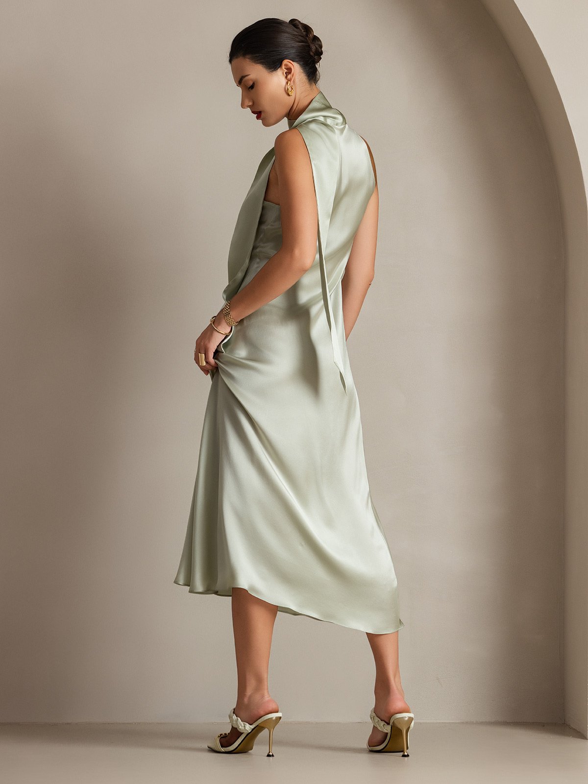 19Momme Silk Tie Neck Maxi Dress