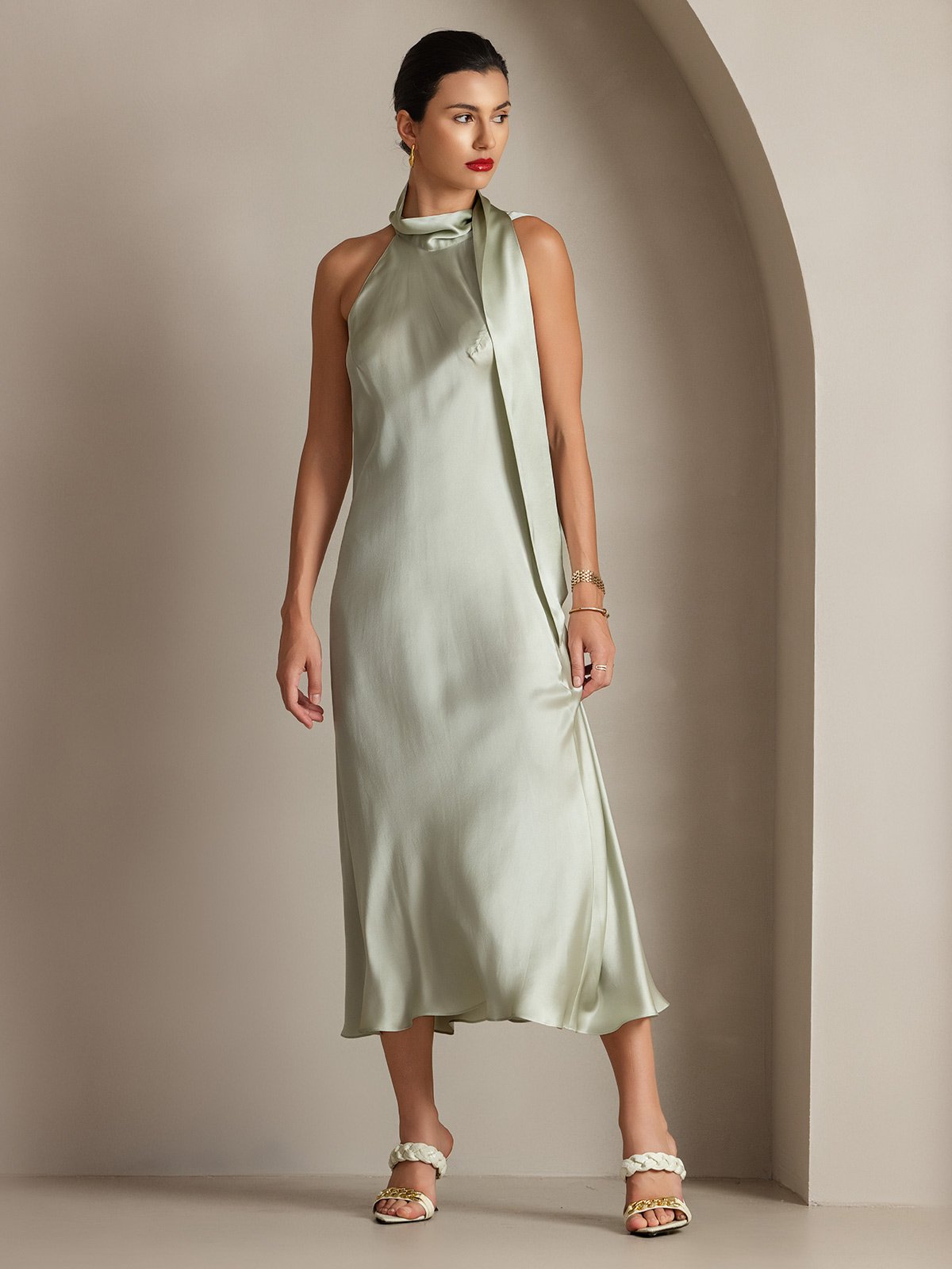 19Momme Silk Tie Neck Maxi Dress